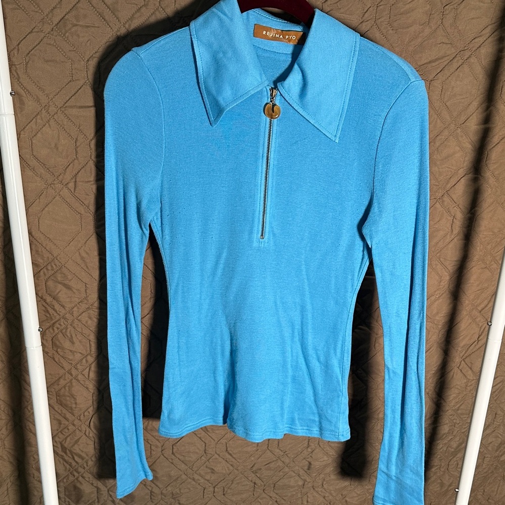 Rejina Pyo Sky Blue Long Sleeve Zip Polo Top